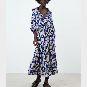 ZARA Oversized Floral Print Dress Cobalt